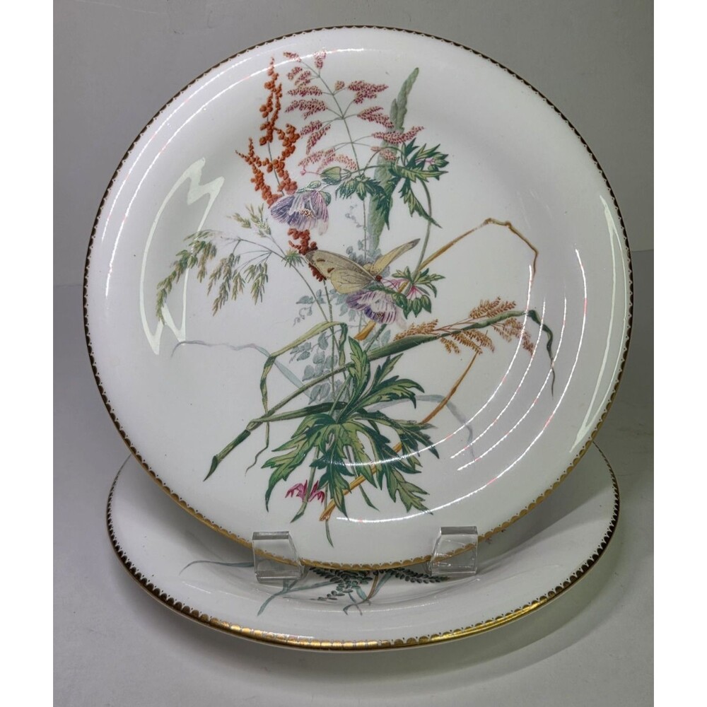 Antique Pair Of Porcelain Decorative Copeland Plates Floral Insects Butterfly 9"